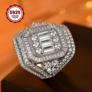 S925 Sterling Silver Women's Wedding Ring, Plated White Gold, Emerald Cut, Luxury Group Setting, Wide Vintage, Suitable for Ladies, Engagement, Everyday Wear, Party