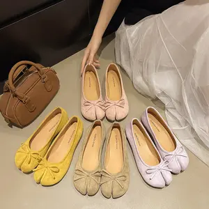 Bow Tabi Shallow Mouth Single Shoes for Women Spring Summer 2026 New Round Head Soft Sole Fairy Wind Ballet Shoes Trendy and Comfortable