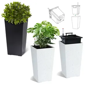 Upgrade Your Entryway: Tall Planters Set of 2 in Sleek Black, Bndoor/outdoor, Auto Watering Reservoir with Water Level Monitor, Drainage Holes, Removable Insert—Perfect for Palms & Flowers