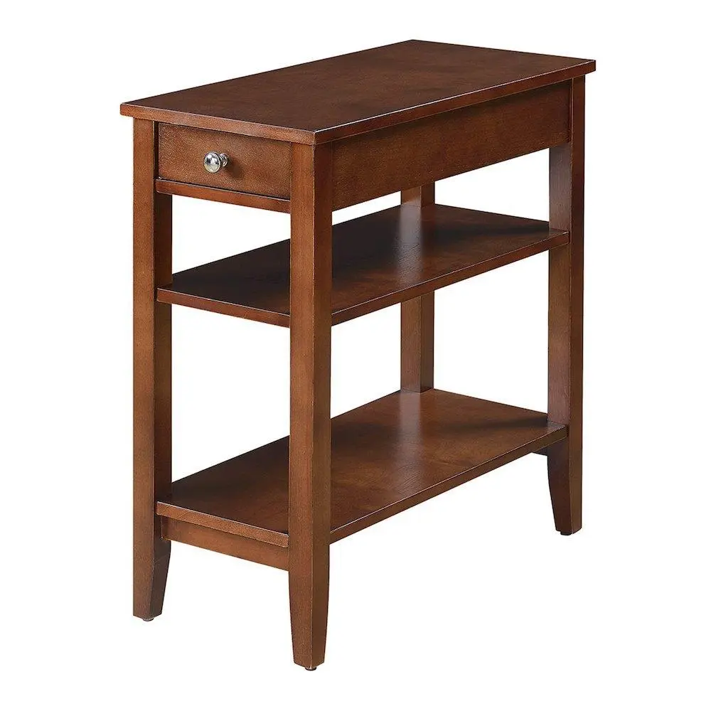 Chairside End Table with 3 Shelving Tiers, Red Wood, Drawer for Concealed Items