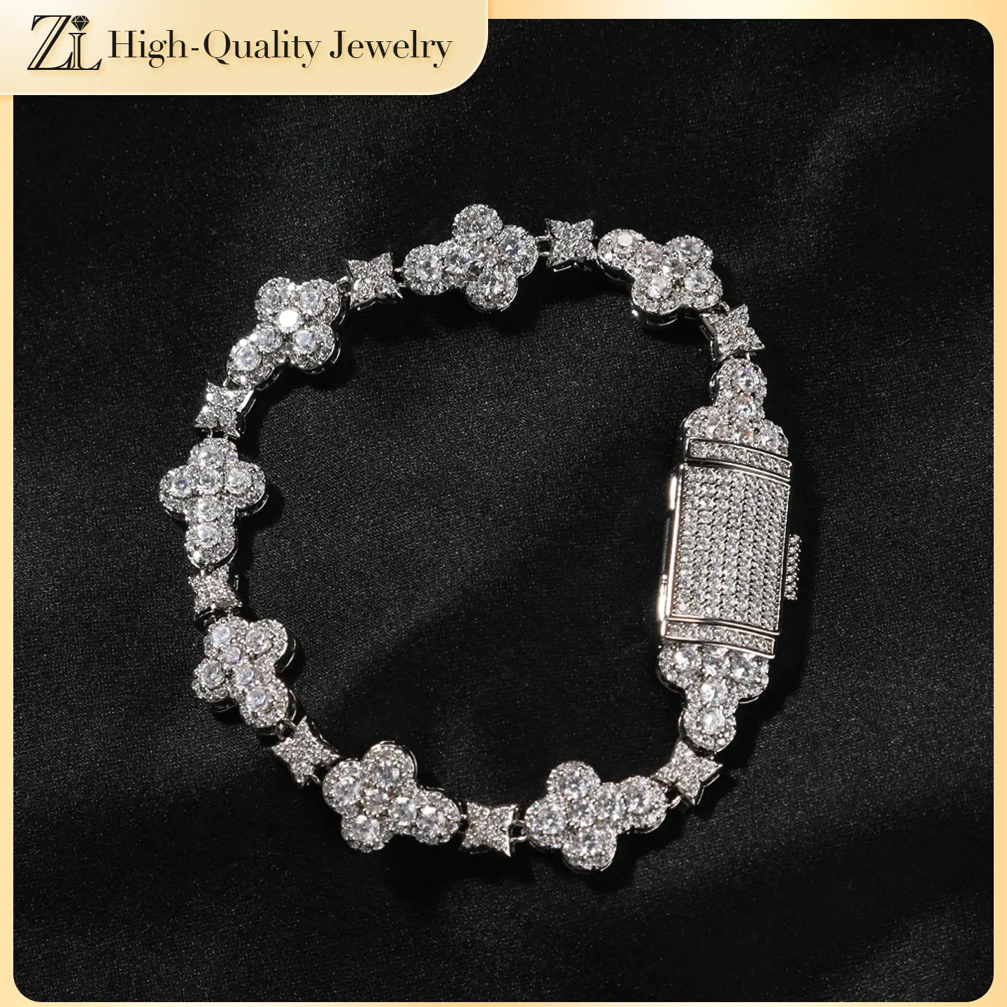 Iced Out Cross Star Link Bracelet, 10mm Hip Hop Men's Accessories, Gold or Silver Plated Brass Base with 5A CZ Stones