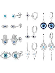 9 Pairs 14K Gold & Silver Plated Evil Eye Huggie Hoop Earrings Set, CZ Evil Eye Stud Earrings for Women, Fashion Earrings