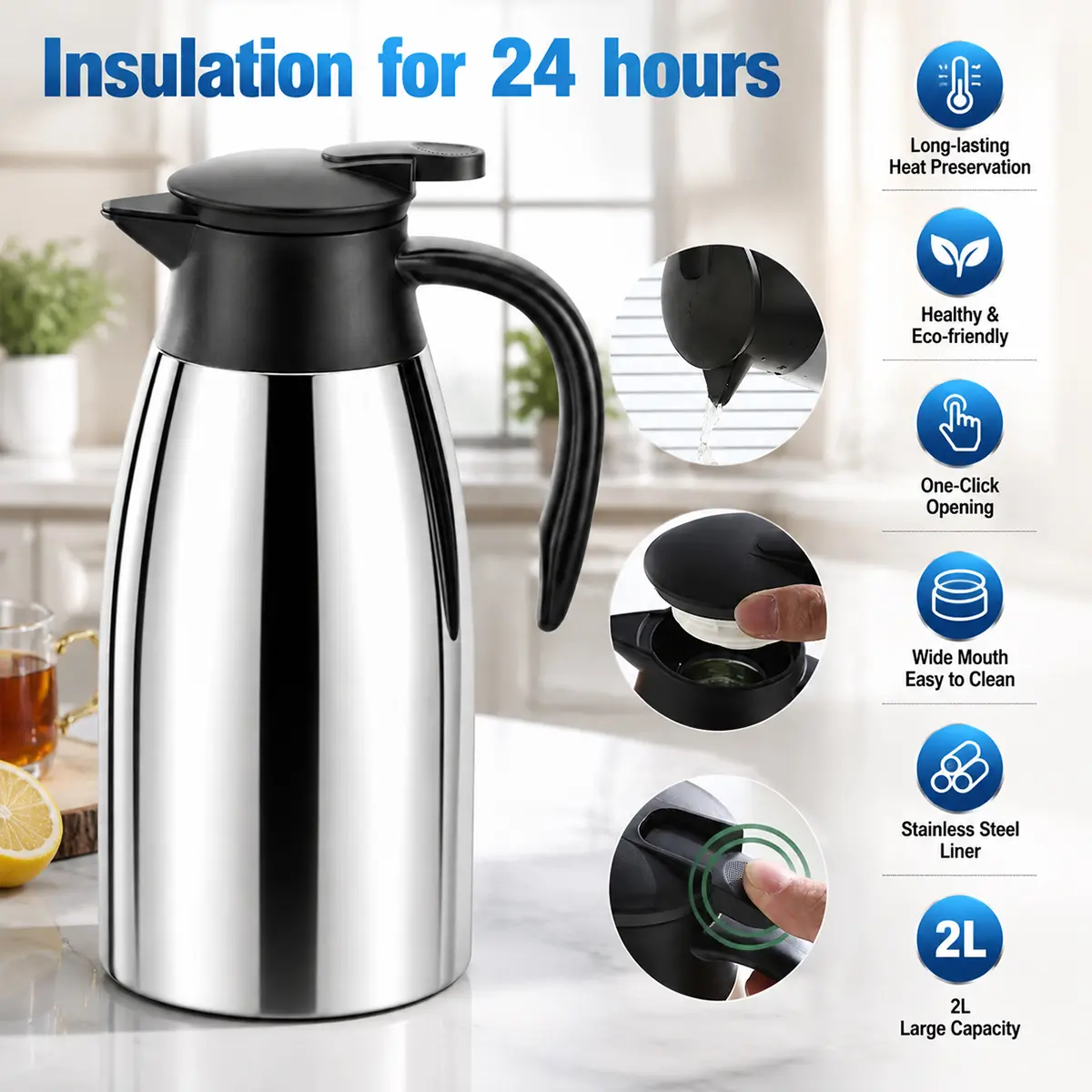 68 Oz (2 L) Stainless Steel Insulated Pot, Double-layer Vacuum Hot Water Pot, Household Insulated Cold Coffee Pot
