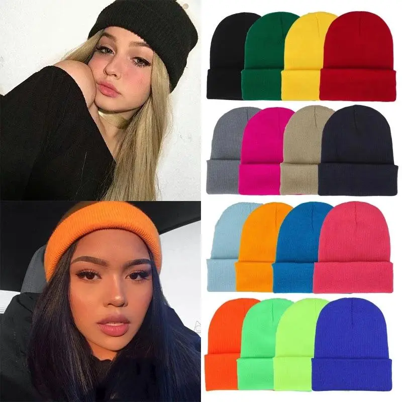 Knitting Solid Color Unisex Beanies Women Men Skullies Autumn Winter Keep Warm Crimping HipHop Female Elastic Skullcap Wholesale
