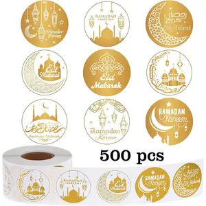 Ramadan Adhesive Decorative Stickers Roll with 500 Pieces, 1.5 Inch Star Moon Floral Islamic Design, Paper Material, Muslim Party Decorations