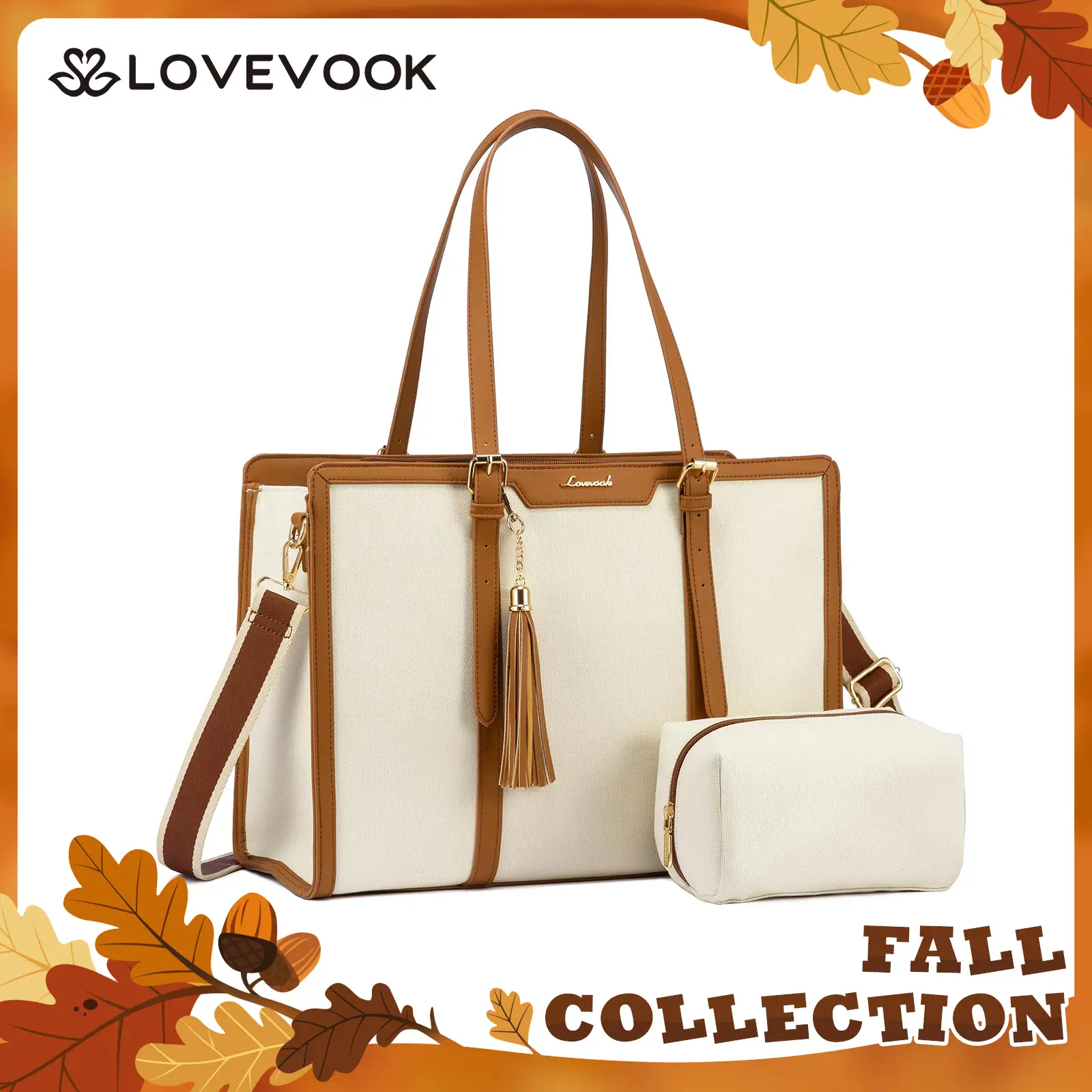 LOVEVOOK 15.6'' Canvas Laptop Tote Bag for Women with Clutch Purse, Lightweight Tote Bag Large Capacity Computer bag, Vegan Leather, Crossbody Bags fo