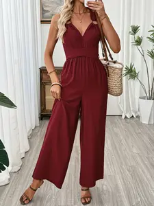 Women's Plain Backless High-Waisted Strap Long Pants Jumpsuit, Straight-Leg Design, Comfortable & Stylish Women's Clothing