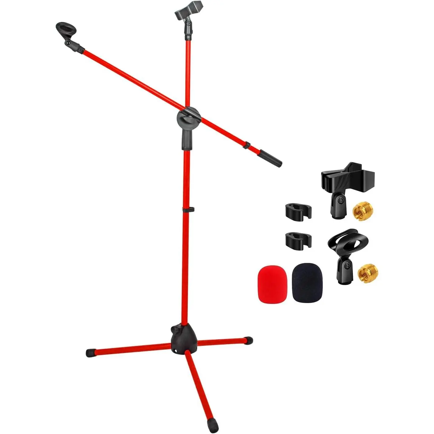 5 Core Freestanding Heavy-Duty Floor Mic Stand, 63-Inch Universal Height-Adjustable Tripod with Telescoping Boom Arm, 2-Mic Capacity, Portable Foldable for Studio, On Stage - MS DBL G RED