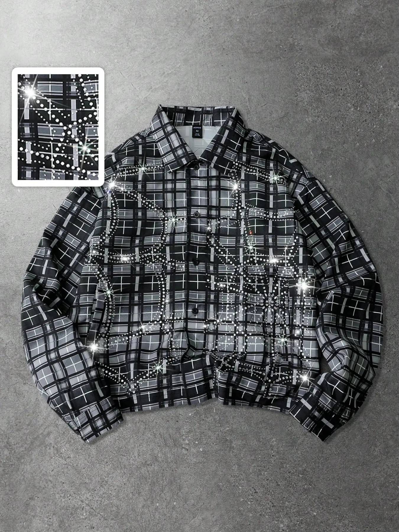 Trendy Men's Black Plaid Rhinestone Shirt, Oversized Button-Up with Star Sparkle Details, Edgy Streetwear Top for Street Style & Night Out #MensStreetwearShirt #RhinestoneAestheticFashion #VersatileSparkleTop