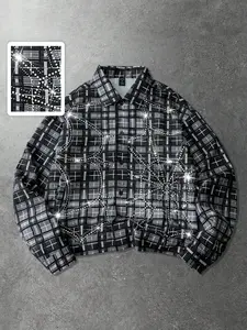 Trendy Men's Black Plaid Rhinestone Shirt, Oversized Button-Up with Star Sparkle Details, Edgy Streetwear Top for Street Style & Night Out #MensStreetwearShirt #RhinestoneAestheticFashion #VersatileSparkleTop
