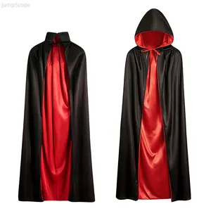 Reversible Black Red Satin Cape Cloak with Optional Witch Hat, Adult & Kids Halloween Vampire Grim Reaper Pirate Cosplay Costume Accessory