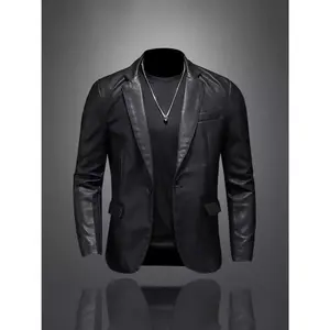 2025 New Trend Slim-Fit Leather Blazer for Men, Casual Leather Jacket, Popular Men’s Jacket Style, Menswear Coats & Tops, Long Sleeve, Beige, Solid