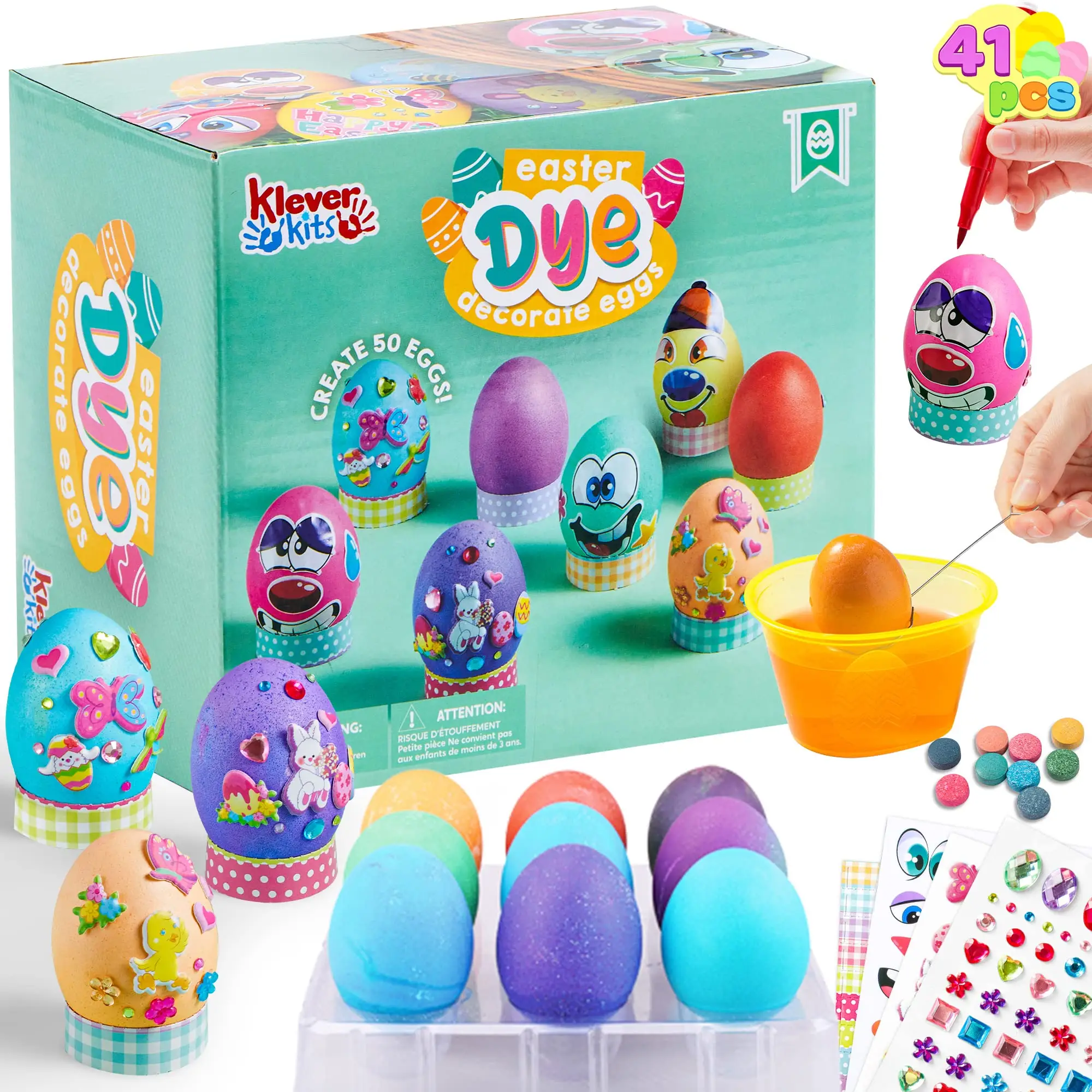 20Pcs/27Pcs/41Pcs Easter Egg Decorating DIY Kit with Dye Tablets and Easter Stickers, Coloring Dyeing Set for Kids Theme Party, Egg Hunt Creativity Ac