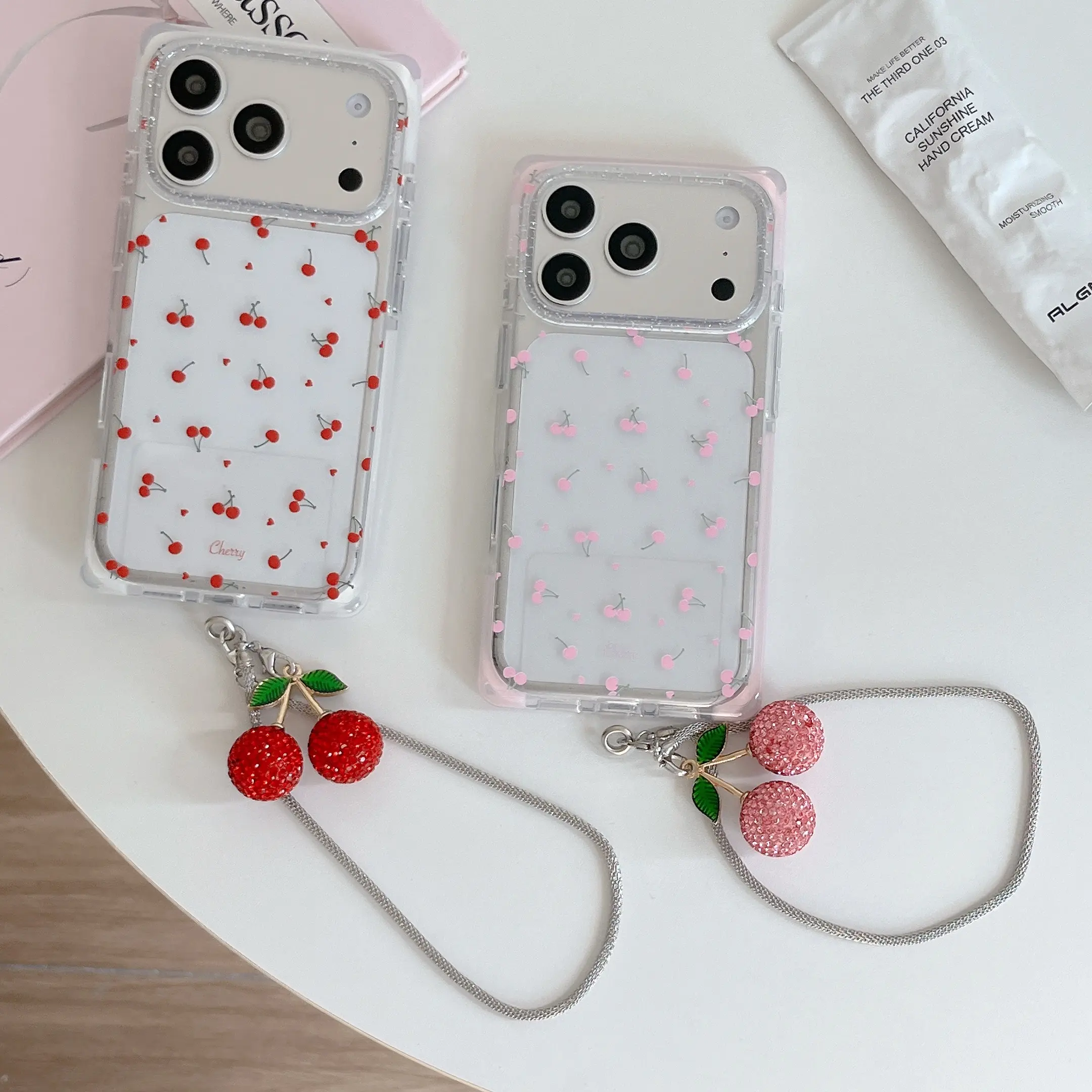 Ins Style Clear Square Smartphone Case with Pink & Cherry Red Cherry Design, Protective Casing for iPhone 13-17 Pro Max Series, Trendy Girly Cellphone Handheld Accessories