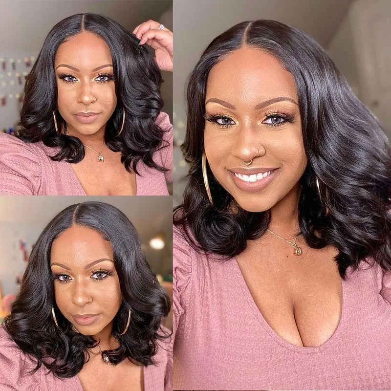 Female Soft Human Hair 4x7 Pre-Cut Lace Closure 4x7 Bob Wig - Glueless, Body Wave, Ready-To-Go, Upgraded, Extra Thick, Beginner-Friendly