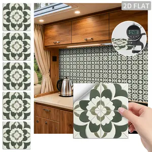 24PCS/Box FHZ Classic Art Tile Green White Floral Peel and Stick Wall Sticker, PET Matte Waterproof Oil-Proof Tile for Kitchen Backsplash Bathroom Furniture