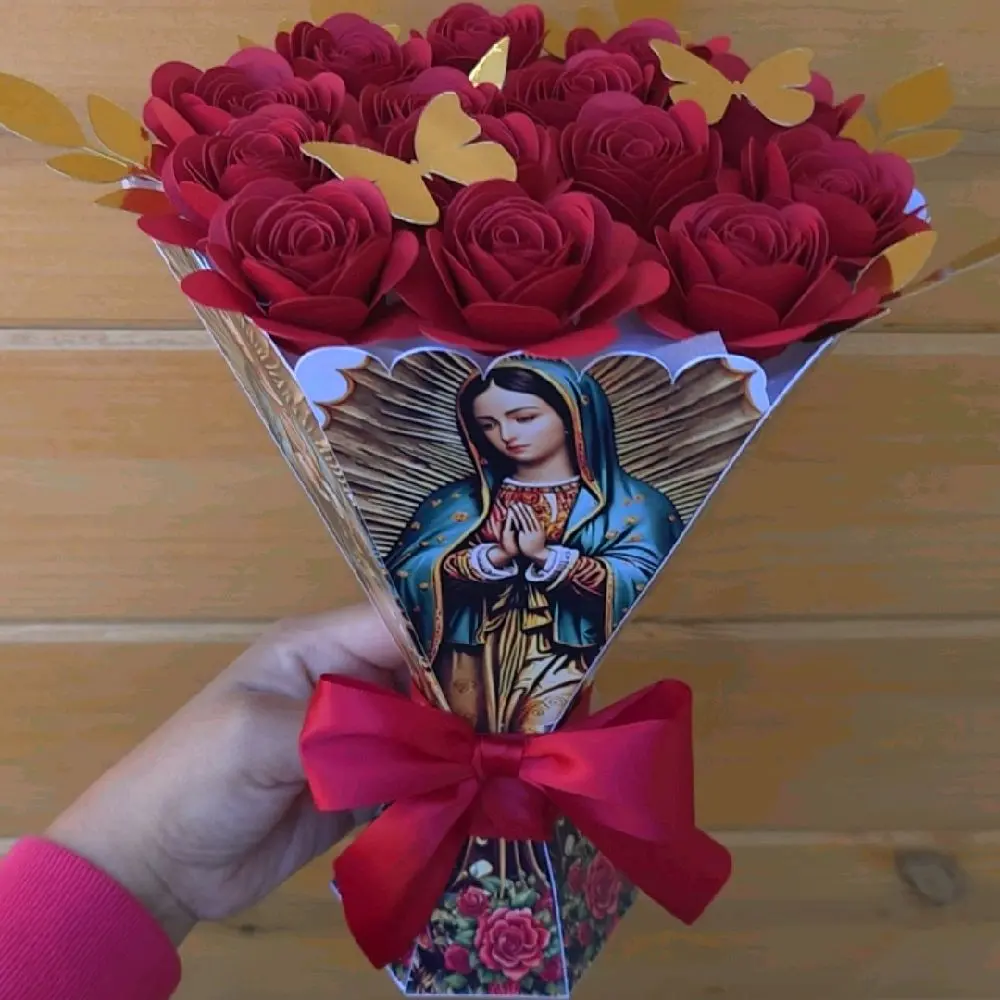 Virgencita de guadalupe rosas de papel areglo decoracion regalo paper roses virginmary catholic religious arrangement gift decor decoration room Decorative