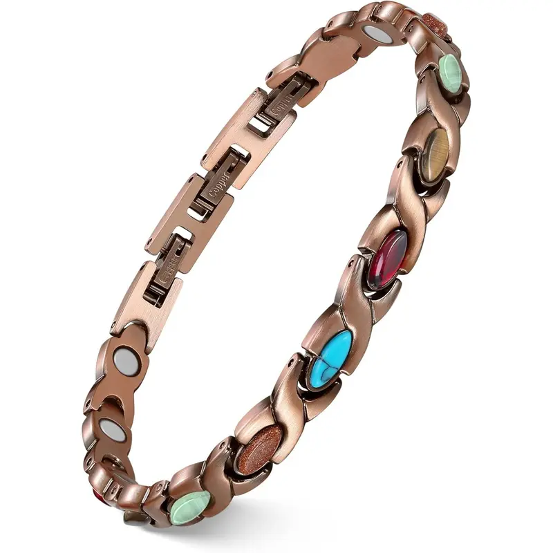 Feraco Adjustable Bangle Jewelry - 3800 Gauss Pure Copper Beaded Boho Style, Natural Turquoise Gemstone Inlay Magnetic, 8.66in Unisex Wellness, Durable Turquoise Jewelry, Couples Bracelet Gift for Girlfriend