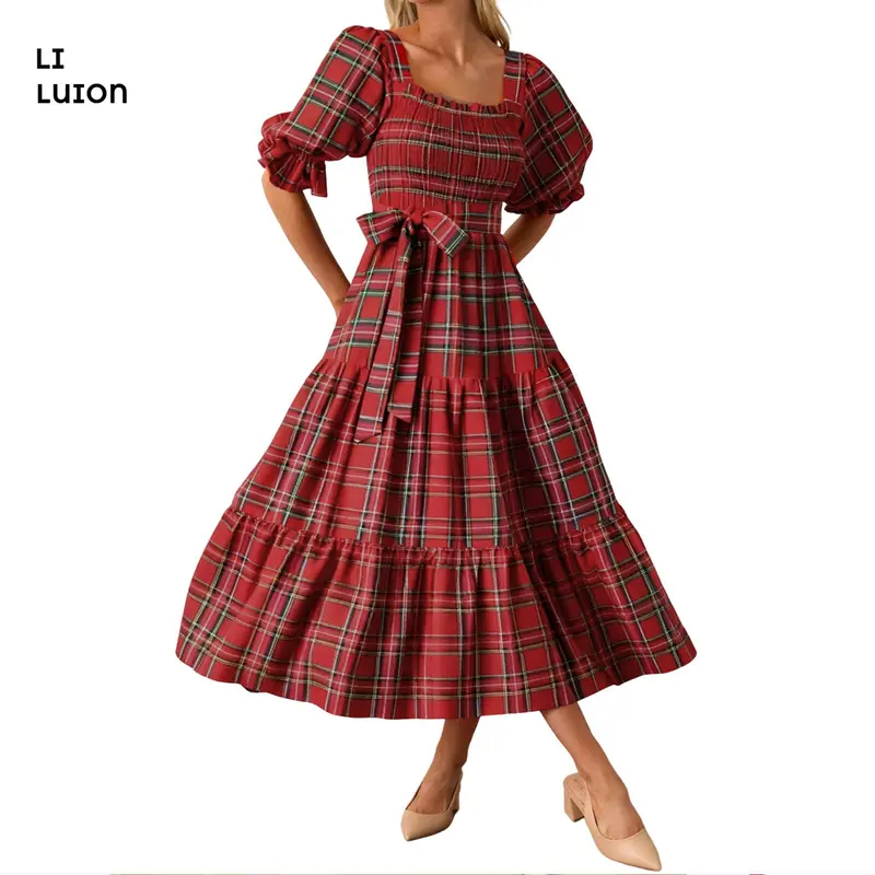 chinese dress ladies Red Plaid Tiered Maxi Dress - All Dresses