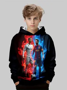 Best Gift for Boys, C Ronaldo & Messi Fire Duel Graphic Team Hoodie, Fall Winter Casual Fitted Kint Fabric, Moderate Thick, Random Print Design