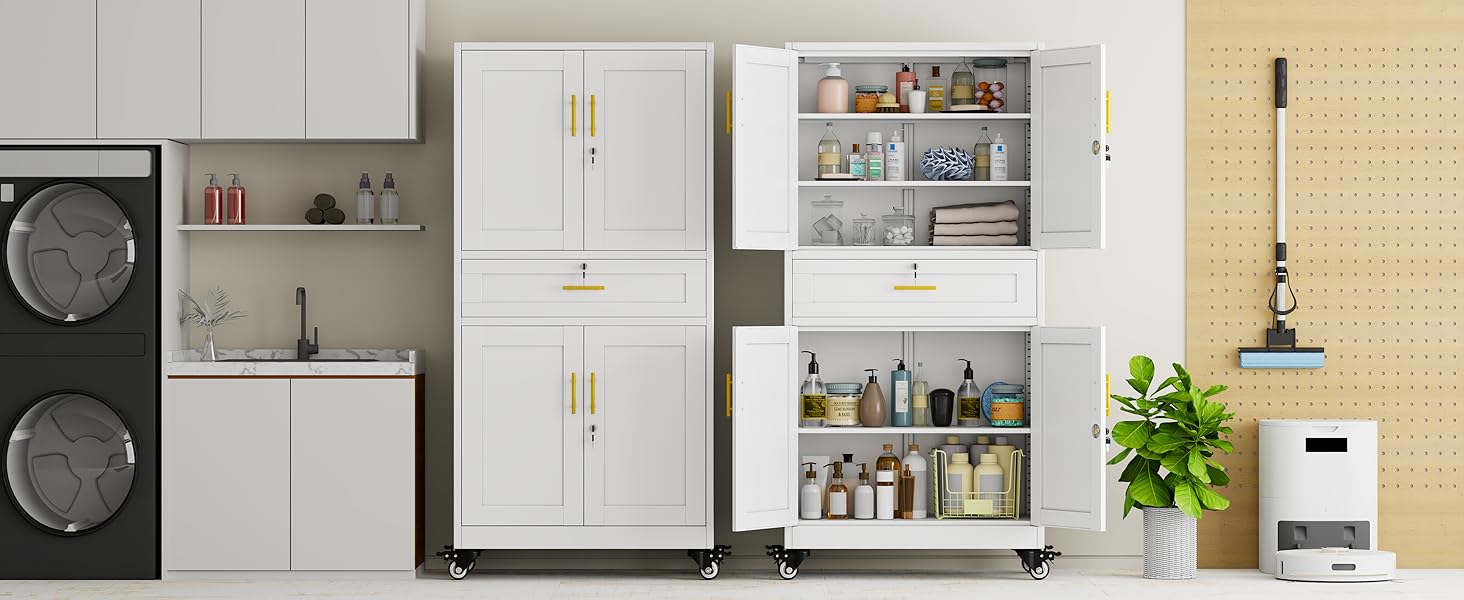 71" Heavy-Duty Metal Garage Storage Cabinet with Locking Doors & Adjustable Shelves – Rolling Tool Cabinet on Wheels, Large Storage Organizer with Drawer for Garage, Warehouse, Workshop (Black) room bathroom 71" Heavy-Duty Metal Garage Storage Cabinet with Locking Doors & Adjustable Shelves – Rolling Tool Cabinet on Wheels, Large Storage Organizer with Drawer for Garage, Warehouse, Workshop (Black) room bathroom