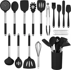 29 PCS Silicone Cooking Utensils Set, Heat Resistant Kitchen Utensils Set with Stainless Steel Handle, Spatula Sets with Holder and Hooks, Kitchen Tools Gadgets for Nonstick Cookware -Black