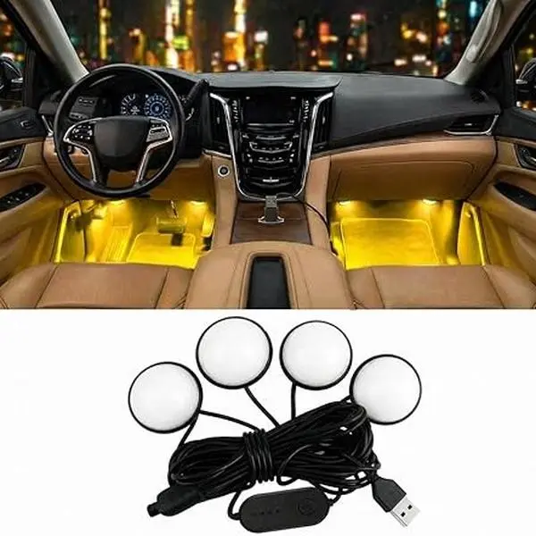 4 Pack Car Interior LED Lights Kit - USB Ambient Footwell Lighting with Multi Color