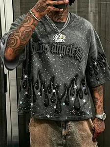 ✨ Los Angeles Rhinestone Flame Drip Loose T-Shirt - Y2K Retro Street Style, Shiny Pattern T-Shirt, Trendy Los Angeles Aesthetic for Men and Women