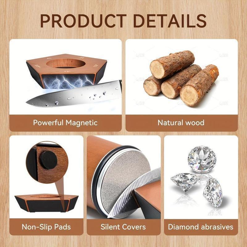 Magnetic roller knife sharpening set, wooden handle sharpening stone, including 1 base and 1 sharpener, equipped with diamond and ceramic sharpening discs, small kitchen knife sharpener with adjustable angles of 15°/20°