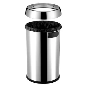 65L/17 Gal Open Top Trash Can, Heavy-Duty Stainless Steel Garbage Bin with Lidless Design,Round Trash Can with Lid, Large Waste Container for Office Kitchen Restaurant Patio