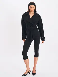 Dara Black Wool Blend Cropped Double-Breasted Belted Coat