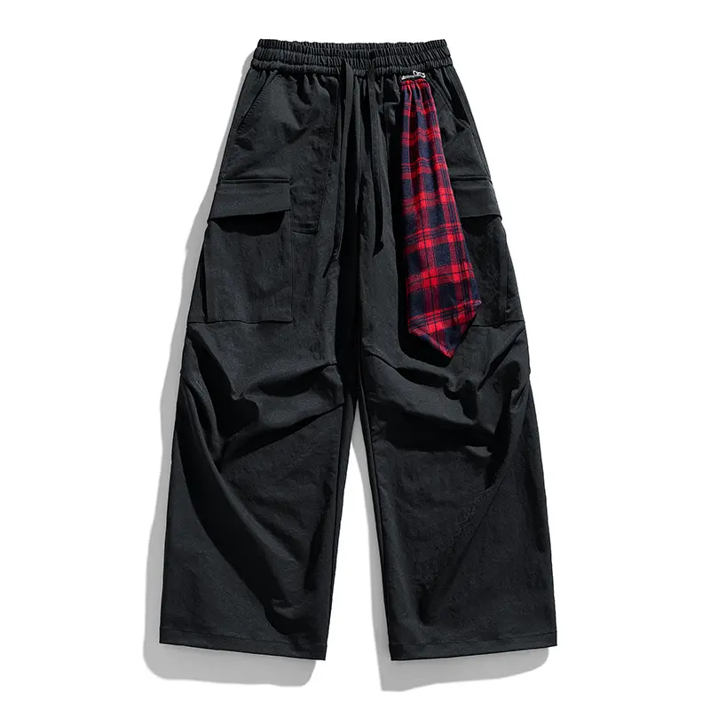 Men's wide leg workwear parachute pants, Y2K loose street pants, detachable plaid flannel tie practical pants, men's ice skating work pants, loose hiking casual pants, outdoor street hip-hop pants trendy retro straight leg pants