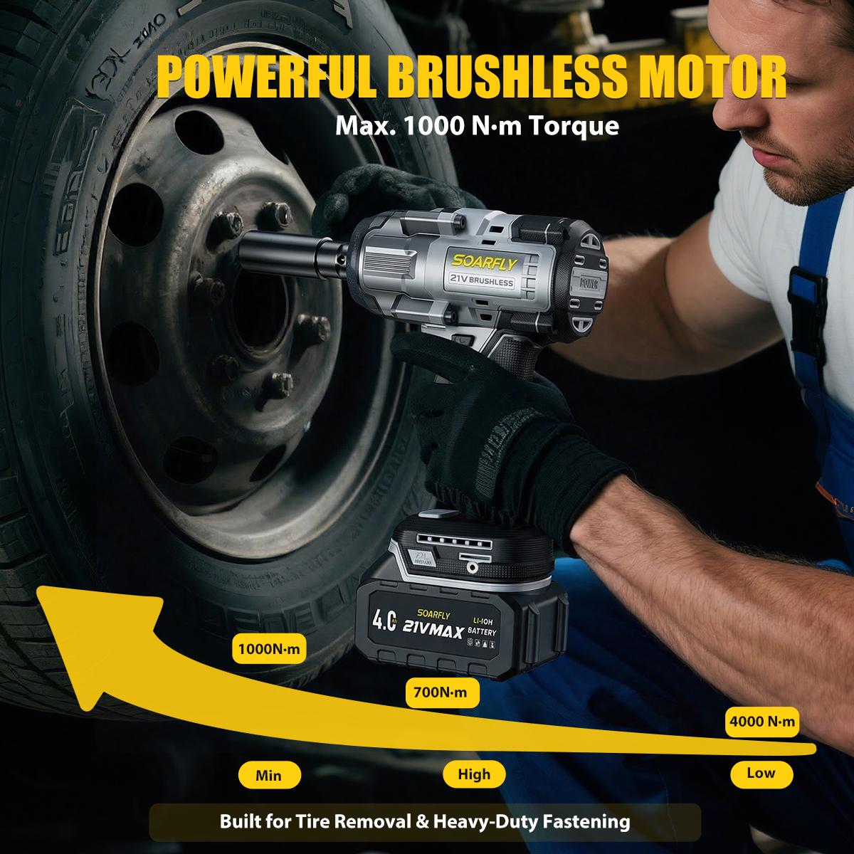 SOARFLY 900NM Electric Wrench For Automobiles, Car, Trucks, With 2x 4.0Ah Batteries, Fast Charger,  5 Sockets