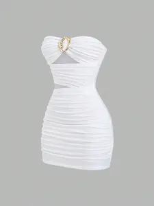 Sweetra Women's Sexy Fitted Strapless Mini Dress – Metal Buckle Party & Club Dress