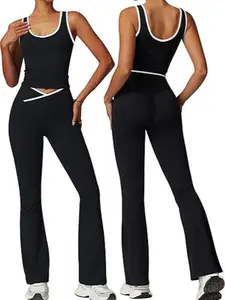 Womens Workout Sets 1 Piece Gym Yoga Outfits Crossover Flare Leggings Crop Tank Top with Contrast Trim