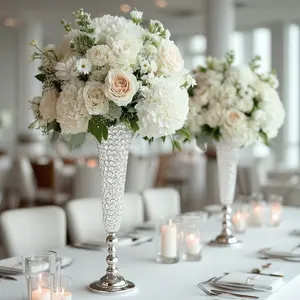 2-Pack Crystal Beaded Trumpet Vase Set 40" Silver - Table Centerpiece for Grand Occasions