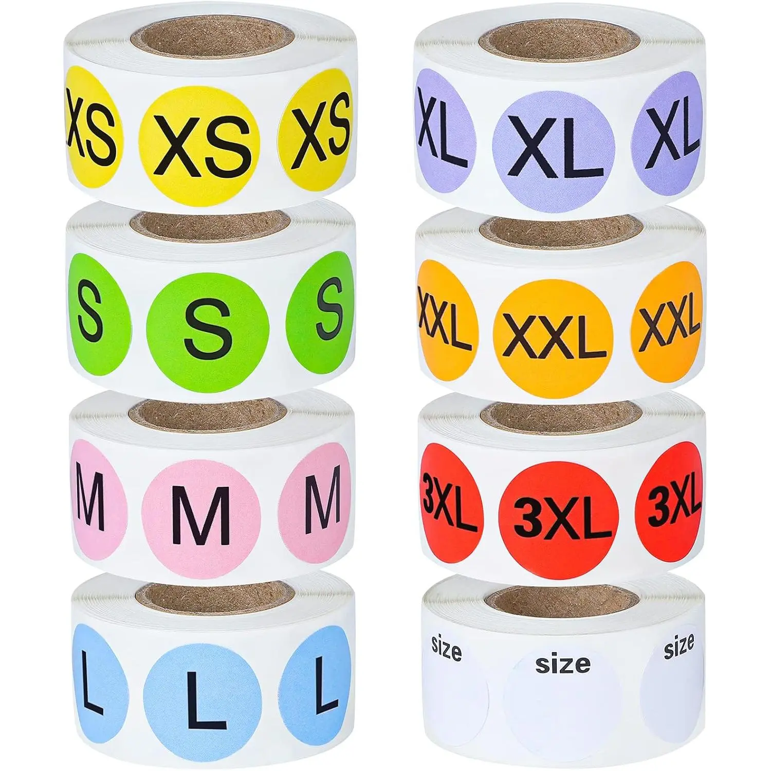 4000 count Round Color Size Sticker Labels Self-Adhesive Clothing Size Stickers 8 Rolls 7 Sizes and One Roll Blank Size for Clothing
