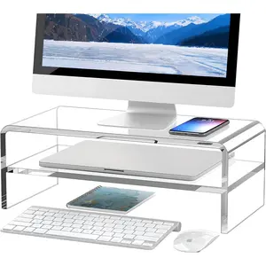 Clear Acrylic Monitor Stand Riser 2 Tier, 5.12 Inches High Clear Computer Desk Organizer Shelf for Multi Media PC Storage Laptop