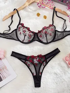 French Lace Push-Up Bralette, Sexy Sheer Floral Embroidery, Medium Support Underwire, Thin Fabric, Unlined, All Seasons Wear, Lace Bras
