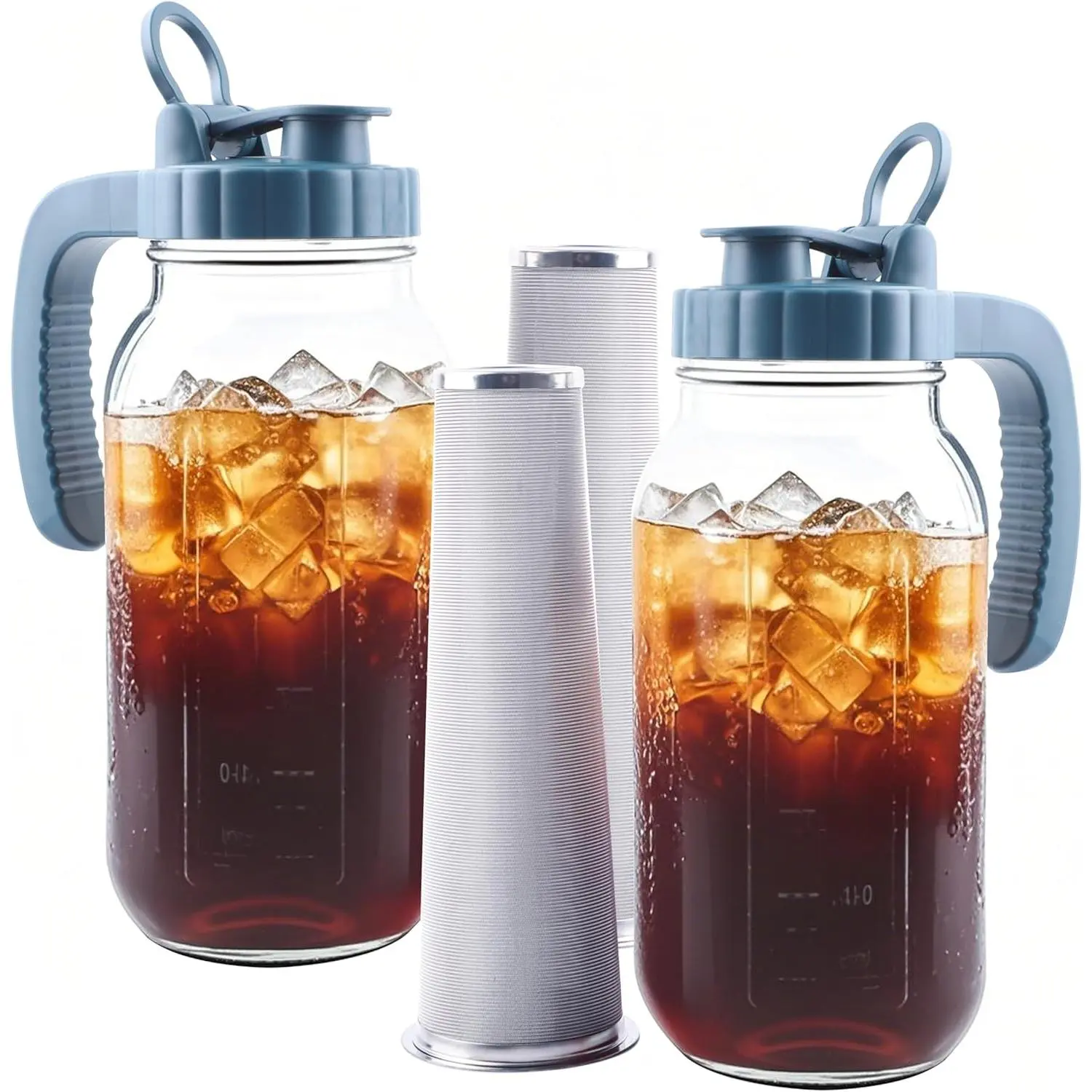 Mason Jar Pitcher With Stainless Steel Filter 64 OZ 2 Pack  Cold Brew Coffee Maker 2 Quart Glass water pitcher with lid Half Gallon Cold hot Tea maker For Lemonade Milk Juice Refrigerator
