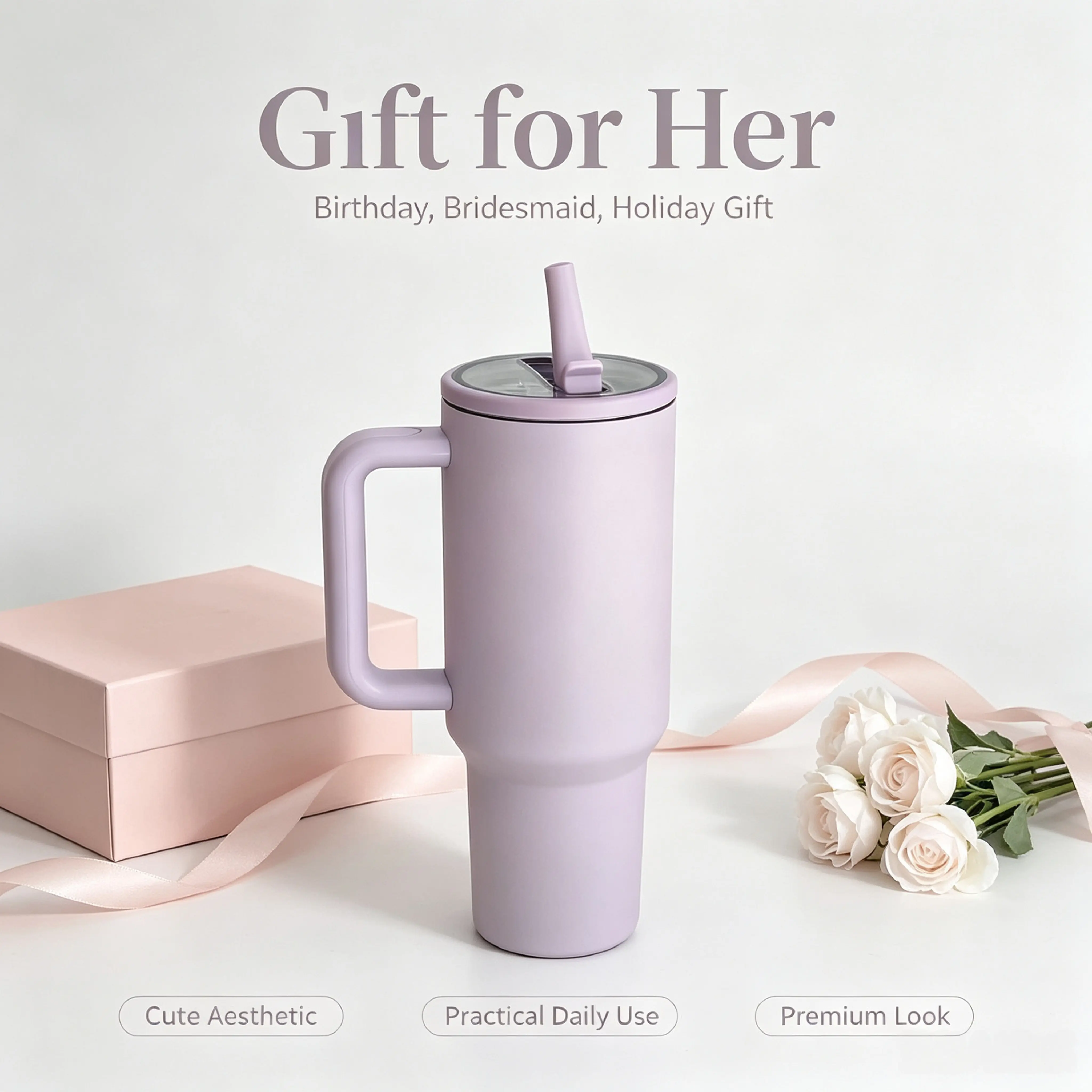 40oz Insulated Tumbler With Handle & Flip Straw Lid, Matte Solid Purple Stainless Steel Travel Mug, 24 Hours Cold Retention, Car Cup Holder Friendly, Aesthetic Water Cup Gift For Women