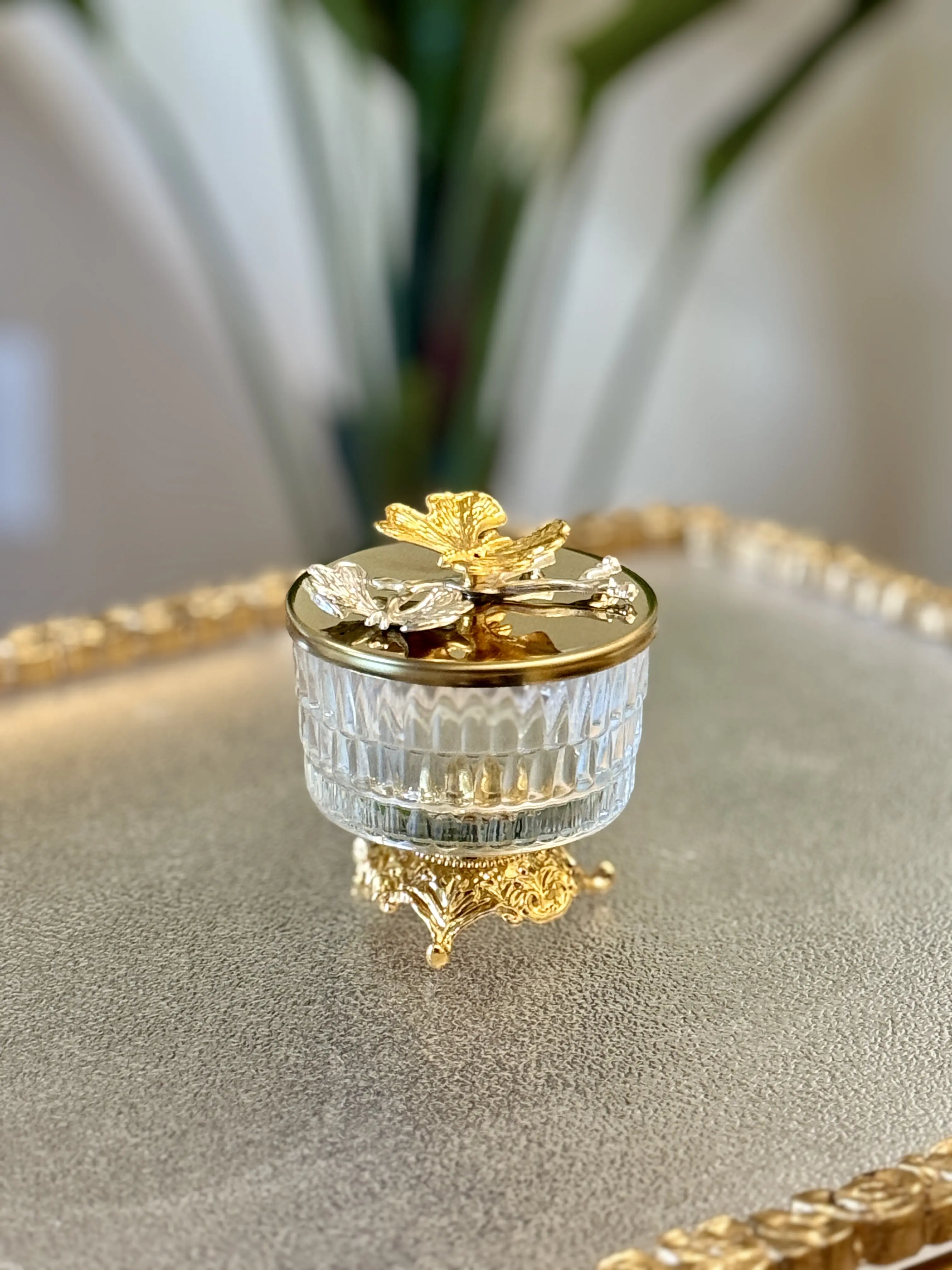 Elegant Butterfly Glass Jar with Golden Lid for Sugar Dry Fruits Candies LuxuryDecor HomeStyle ElegantLiving Glass Material Golden Lid Versatile Use Quantity 1 Bottles Tin Canister Canister