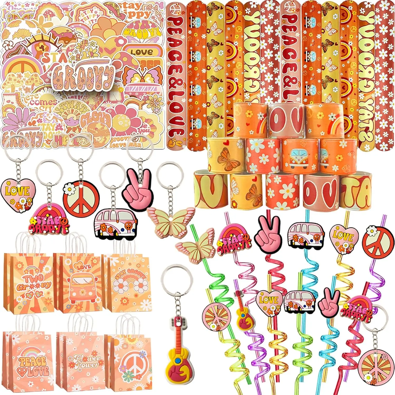 Halloween fall Gifts 110pcs Groovy Party Favors Set, Two Groovy Hippie Boho Birthday Decor | 110pcs Groovy Party Favors Set: 12 Gift Bags, 50 Stickers, 12 Slap Bracelets