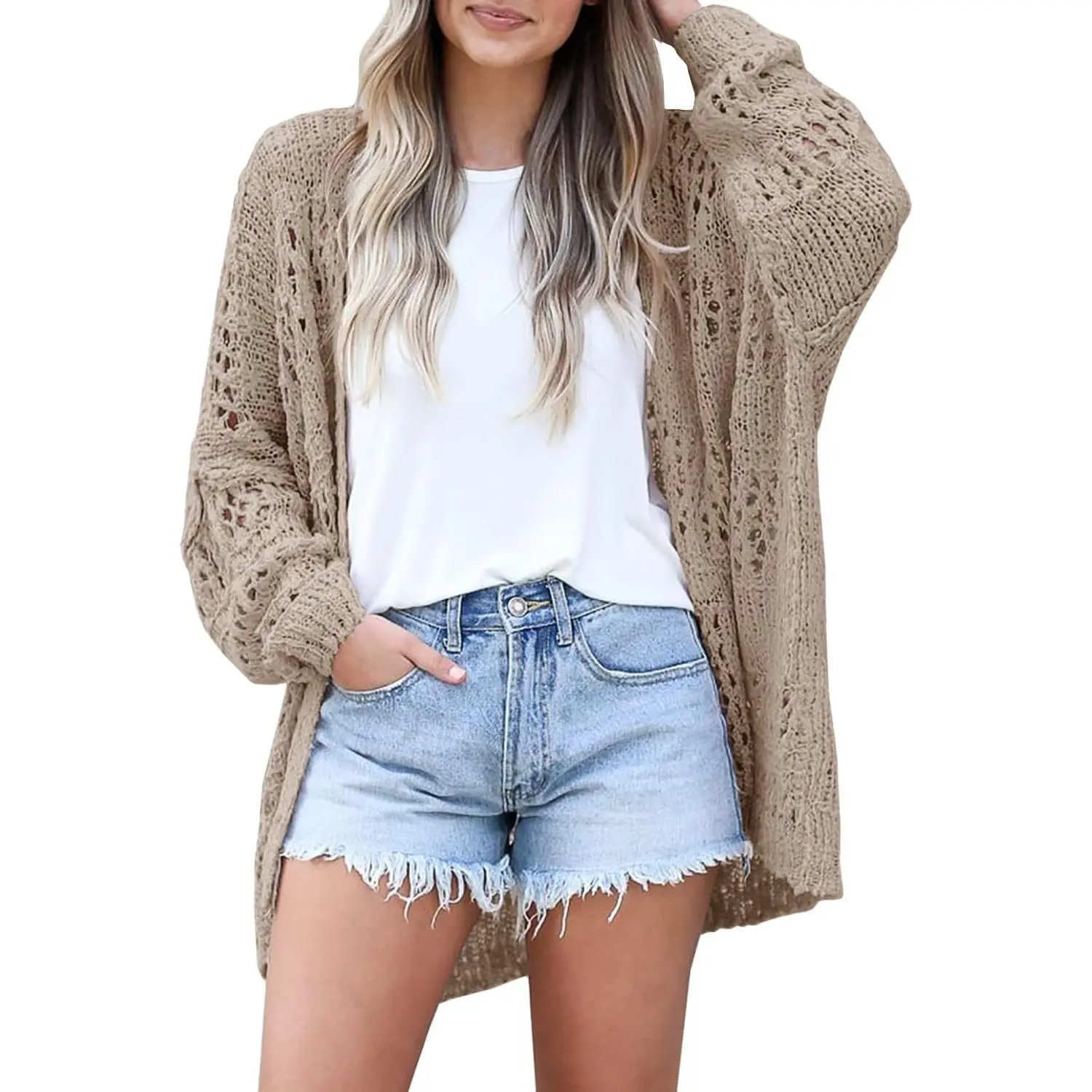 Women's Bohemian Crochet Knit Cardigan - Long-Sleeve Open Front Oversized Lightweight Top, Casual Airy Summer Beach Cover Up, Women's Clothing, Knitwear, Tops