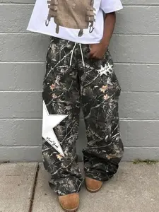 Y2K Millennium Star Print Pants, Oversized Loose Fit Camo Branch Pattern, Street High Fashion, Fall Winter Vintage Trendy, Bottoms