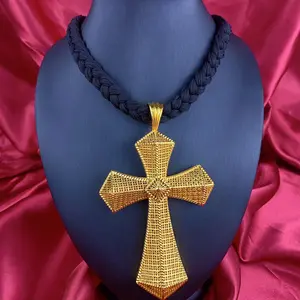 Ethiopian Eritrea Cross Pendant Black Rope Necklace for Women Man African Dubai Wedding Party Gold Color Jewelry Party Gift