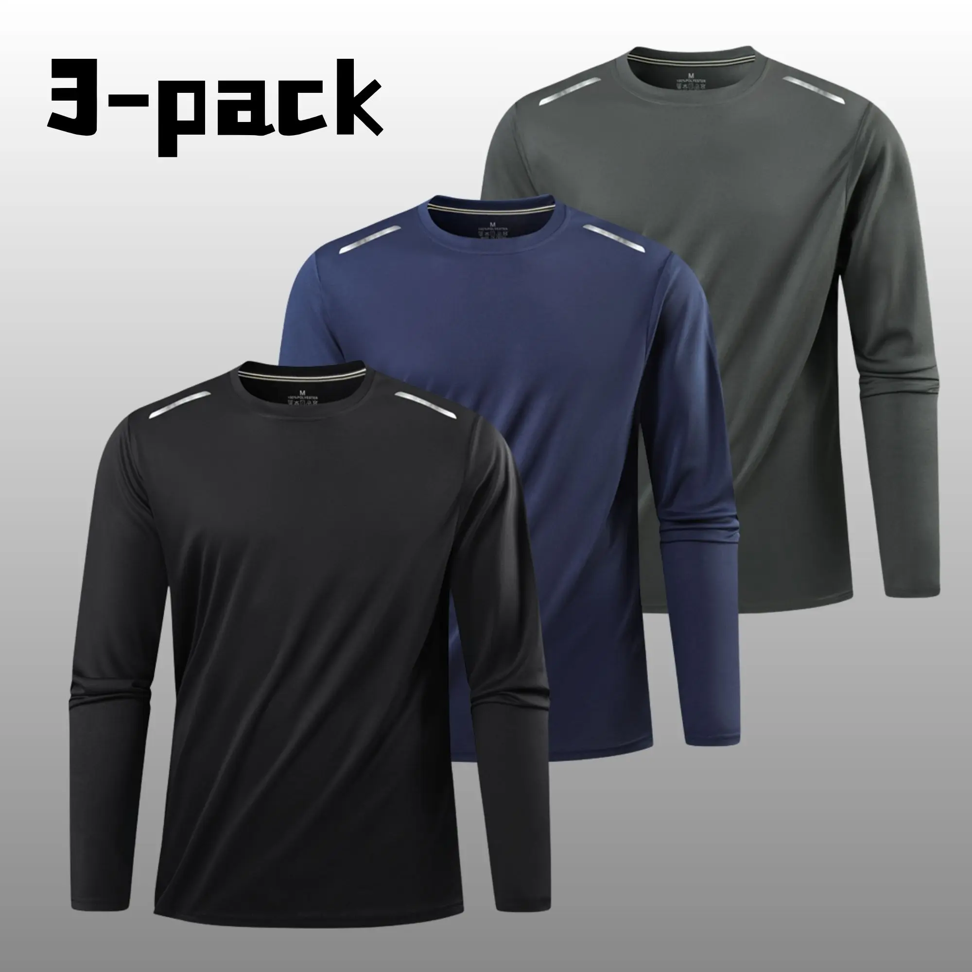 3-Pack Men’s Reflective Strip Quick-Dry Long Sleeve T-Shirts, Lightweight & Breathable Base Layer for Outdoor Running, Fitness Training, Sports
