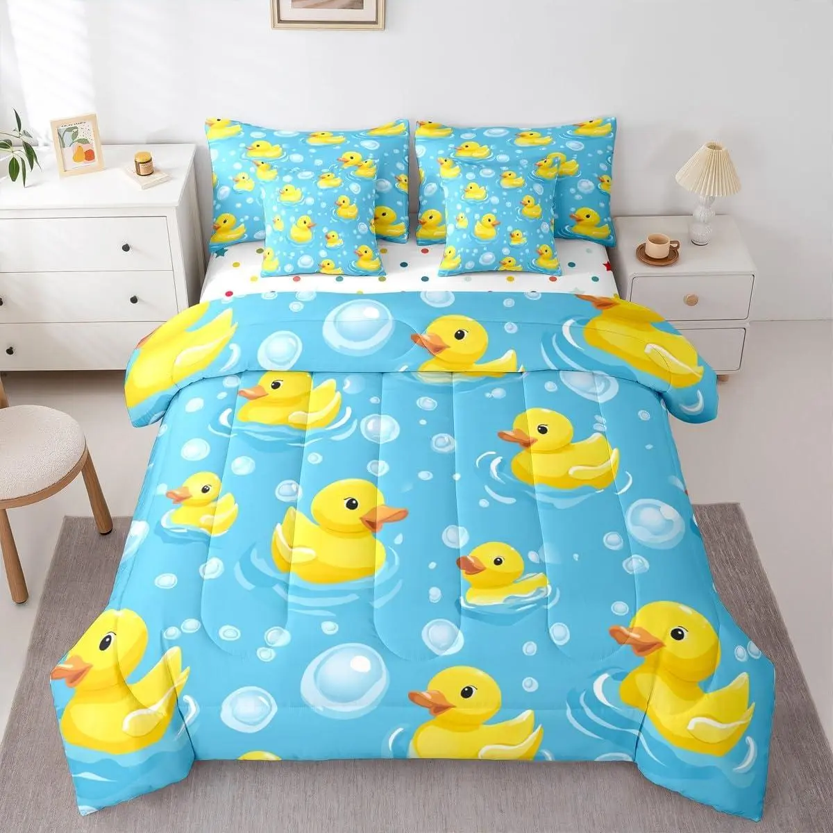 Yellow Rubber Duck Comforter Set with Sheets Cartoon Ducks 7-Piece Bedding Set Funny Animal Bed in a Bag Cute Pet Animal Bed Quilt Sets