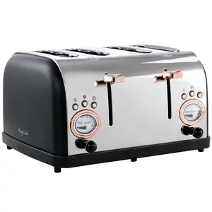 212 MAIN 4-Slice Wide Slot Stainless Steel Kitchen Toaster, Black & Rose Gold Finish, Variable Browning Settings, Waffle-Compatible, Toast & Defrost Functions, Slide-Out Tray