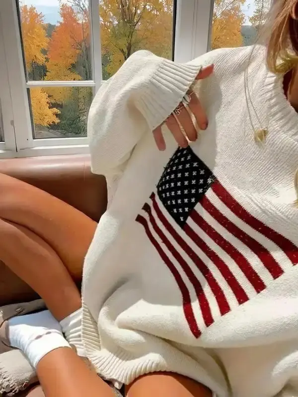 Women's American Flag Print Drop Shoulder Spring 4th Of July Sweater, Casual  Fashion  Loose Fit Longsleeves Round Neck Jumper for Fall, Womenswear Knitting Tops, Women's Autumn Knitwear for Daily Wear, Downtown Girl Clothes, Preppy 80s Clothes